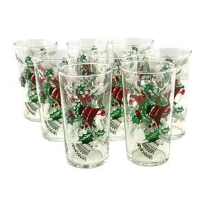 Hazel Atlas Vintage Holly & Bells Christmas Holiday Glasses Tumblers (8)  5" H